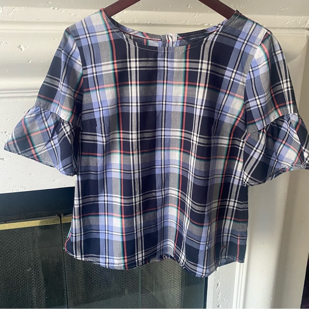 Tommy Hilfiger Blue Plaid Ruffle Sleeve Button Back Crop Women's Top (M)